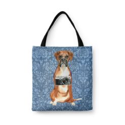 Boxer Dog Denim Style Tote Bag 31 denim dogs tote boxer bleached damask denim front view white