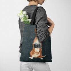 Boxer Dog Denim Style Tote Bag 38 denim dogs tote boxer dark denim tote woman jumper walking view