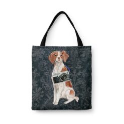 denim dogs tote brittany dark damask denim front view white