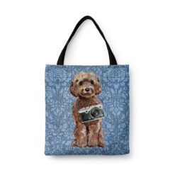denim dogs tote brown cockapoo bleached damask denim front view white