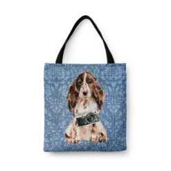 Brown Cocker Spaniel Dog Denim Style Tote Bag 31 denim dogs tote brown cocker spaniel bleached damask denim front view white