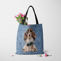 Brown Cocker Spaniel Dog Denim Style Tote Bag 35 denim dogs tote brown cocker spaniel bleached damask denim tote standing carnations