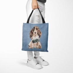 Brown Cocker Spaniel Dog Denim Style Tote Bag 40 denim dogs tote brown cocker spaniel gently faded denim tote woman trowsers walking view