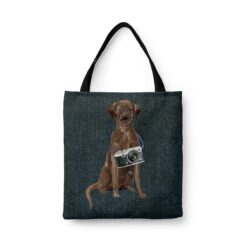 Brown Labrador retriever Dog Denim Style Tote Bag 33 denim dogs tote brown labrador retriever dark denim front view white