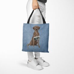 Brown Labrador retriever Dog Denim Style Tote Bag 40 denim dogs tote brown labrador retriever gently faded denim tote woman trowsers walking view