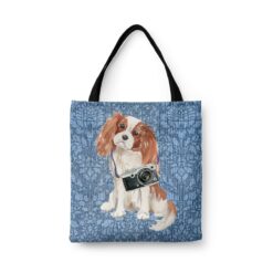 Cavalier King Charles Spaniel Dog Denim Style Tote Bag 31 denim dogs tote cavalier king charles spaniel bleached damask denim front view white