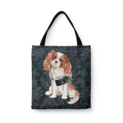 Cavalier King Charles Spaniel Dog Denim Style Tote Bag 30 denim dogs tote cavalier king charles spaniel dark damask denim front view white