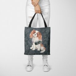 Cavalier King Charles Spaniel Dog Denim Style Tote Bag 37 denim dogs tote cavalier king charles spaniel dark damask denim tote woman trowsers front view