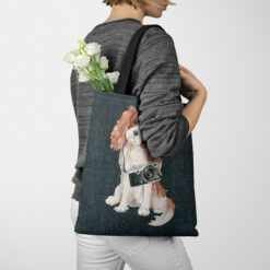 Cavalier King Charles Spaniel Dog Denim Style Tote Bag 38 denim dogs tote cavalier king charles spaniel dark denim tote woman jumper walking view