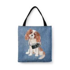 Cavalier King Charles Spaniel Dog Denim Style Tote Bag 32 denim dogs tote cavalier king charles spaniel gently faded denim front view white