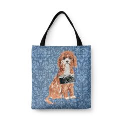 denim dogs tote cavapoo bleached damask denim front view white