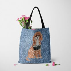 denim dogs tote cavapoo bleached damask denim tote standing carnations