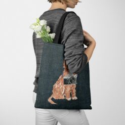 denim dogs tote cavapoo dark denim tote woman jumper walking view