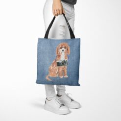 denim dogs tote cavapoo gently faded denim tote woman trowsers walking view