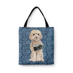 Champagne cockapoo Dog Denim Style Tote Bag 34 denim dogs tote champagne cockapoo daisy denim front view white