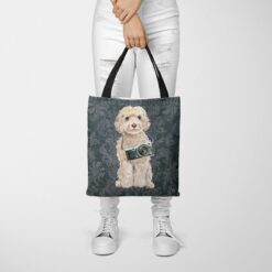 Champagne cockapoo Dog Denim Style Tote Bag 37 denim dogs tote champagne cockapoo dark damask denim tote woman trowsers front view