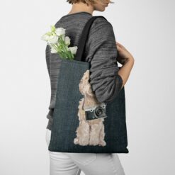 Champagne cockapoo Dog Denim Style Tote Bag 38 denim dogs tote champagne cockapoo dark denim tote woman jumper walking view