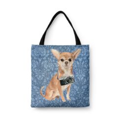 Chihuahua Dog Denim Style Tote Bag 31 denim dogs tote chihuahua bleached damask denim front view white