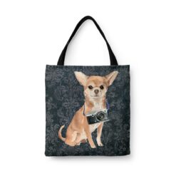 Chihuahua Dog Denim Style Tote Bag 30 denim dogs tote chihuahua dark damask denim front view white