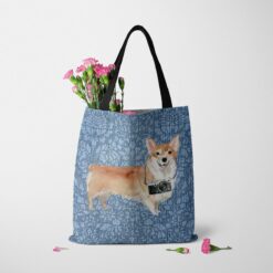 denim dogs tote corgi bleached damask denim tote standing carnations