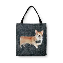 denim dogs tote corgi dark damask denim front view white