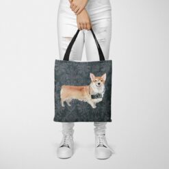 denim dogs tote corgi dark damask denim tote woman trowsers front view