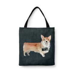 denim dogs tote corgi dark denim front view white