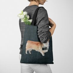 denim dogs tote corgi dark denim tote woman jumper walking view