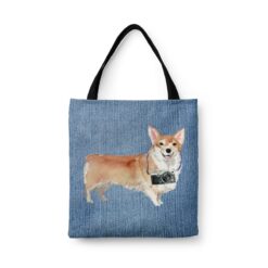 denim dogs tote corgi gently faded denim front view white