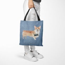 denim dogs tote corgi gently faded denim tote woman trowsers walking view