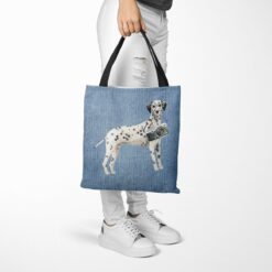 Dalmatian Dog Denim Style Tote Bag 40 denim dogs tote dalmatian gently faded denim tote woman trowsers walking view
