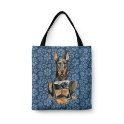 Doberman Dog Denim Style Tote Bag 34 denim dogs tote doberman daisy denim front view white