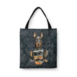 Doberman Dog Denim Style Tote Bag 30 denim dogs tote doberman dark damask denim front view white