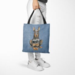 Doberman Dog Denim Style Tote Bag 40 denim dogs tote doberman gently faded denim tote woman trowsers walking view