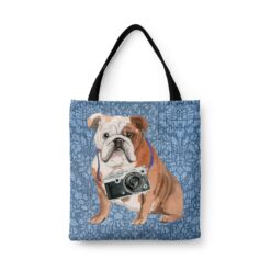 English Bulldog Dog Denim Style Tote Bag 31 denim dogs tote english bulldog bleached damask denim front view white