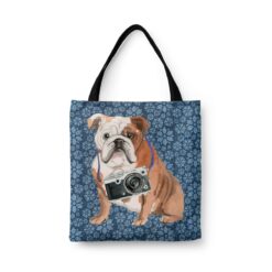 English Bulldog Dog Denim Style Tote Bag 34 denim dogs tote english bulldog daisy denim front view white