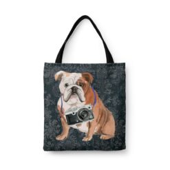 English Bulldog Dog Denim Style Tote Bag 30 denim dogs tote english bulldog dark damask denim front view white