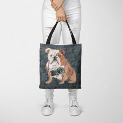 English Bulldog Dog Denim Style Tote Bag 37 denim dogs tote english bulldog dark damask denim tote woman trowsers front view