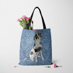 denim dogs tote english pointer bleached damask denim tote standing carnations