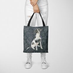 denim dogs tote english pointer dark damask denim tote woman trowsers front view