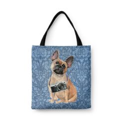 French Bulldog Dog Denim Style Tote Bag 31 denim dogs tote french bulldog bleached damask denim front view white