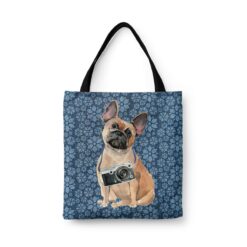 French Bulldog Dog Denim Style Tote Bag 34 denim dogs tote french bulldog daisy denim front view white