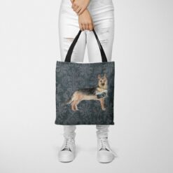 German Shepherd Dog Denim Style Tote Bag 37 denim dogs tote german shepherd dark damask denim tote woman trowsers front view