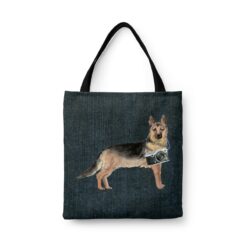 German Shepherd Dog Denim Style Tote Bag 33 denim dogs tote german shepherd dark denim front view white