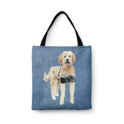 denim dogs tote golden doodle gently faded denim front view white