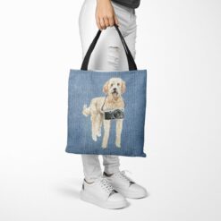 denim dogs tote golden doodle gently faded denim tote woman trowsers walking view