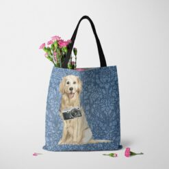 Golden Retriever Dog Denim Style Tote Bag 35 denim dogs tote golden retriever bleached damask denim tote standing carnations