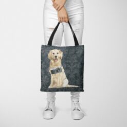 Golden Retriever Dog Denim Style Tote Bag 37 denim dogs tote golden retriever dark damask denim tote woman trowsers front view