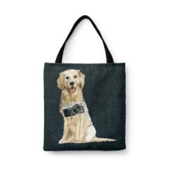 Golden Retriever Dog Denim Style Tote Bag 33 denim dogs tote golden retriever dark denim front view white
