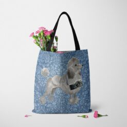 Grey Poodle Dog Denim Style Tote Bag 35 denim dogs tote grey poodle bleached damask denim tote standing carnations